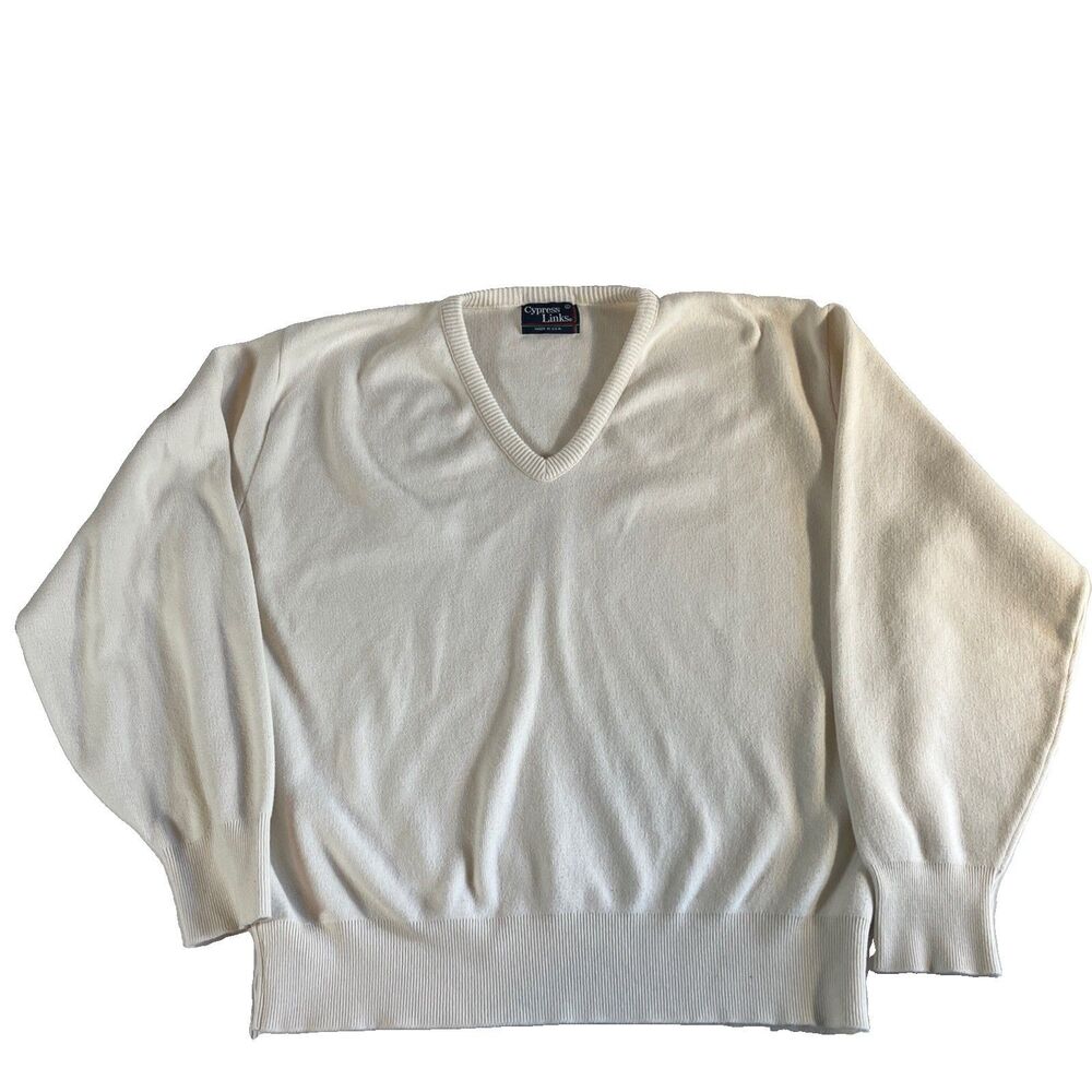 Cypress Links USA Golf Sweater Mens L Ivory White Knit V Neck Pullover Cotton